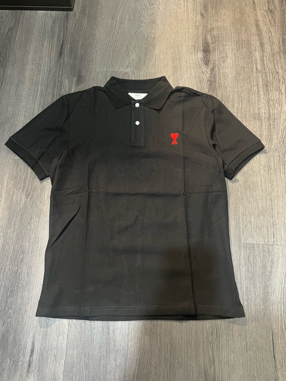 Ami Paris Black Polo with Red Heart Logo - MEDIUM